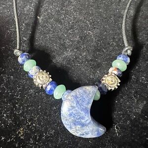Blue and Green Beaded Necklace with Moon Pendant